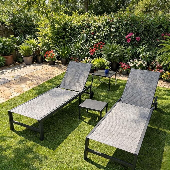 PURPLE LEAF Outdoor Chaise Lounge Chairs Set Recliner Adjustable Chair with Wheels and Table for Poolside Beach Patio Aluminum Reclining Sunbathing Lounger, Mixed Grey