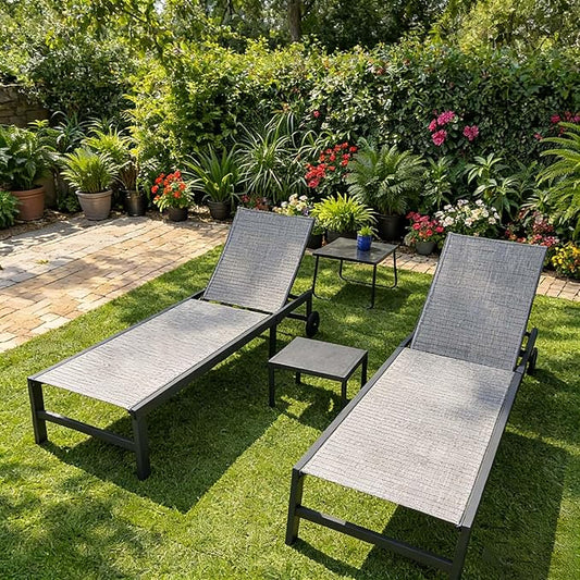 PURPLE LEAF Outdoor Chaise Lounge Chairs Set Recliner Adjustable Chair with Wheels and Table for Poolside Beach Patio Aluminum Reclining Sunbathing Lounger, Mixed Grey