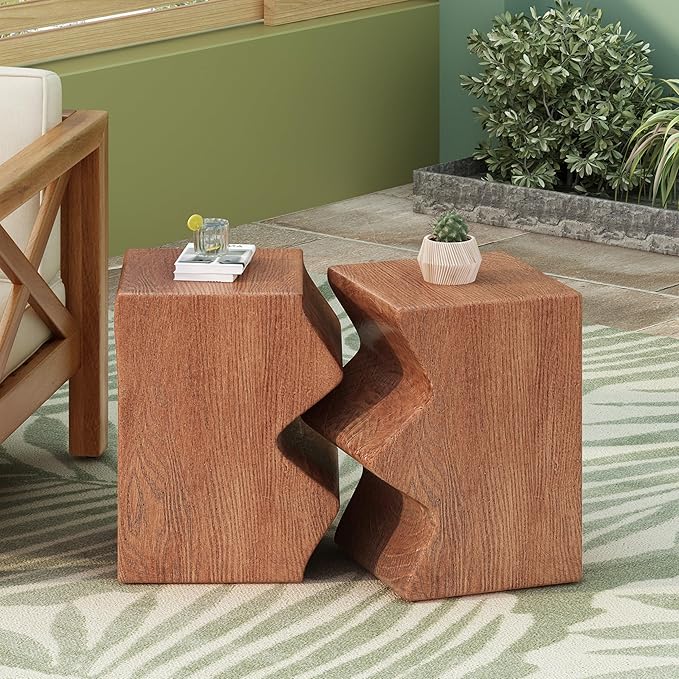 Christopher Knight Home Loire MGO Outdoor Side Table Set of 2, Concrete Indoor/Outdoor Nesting Coffee Table, Multi-Purpose Patio End Table, No Assembly, Faux Wood Natural Color