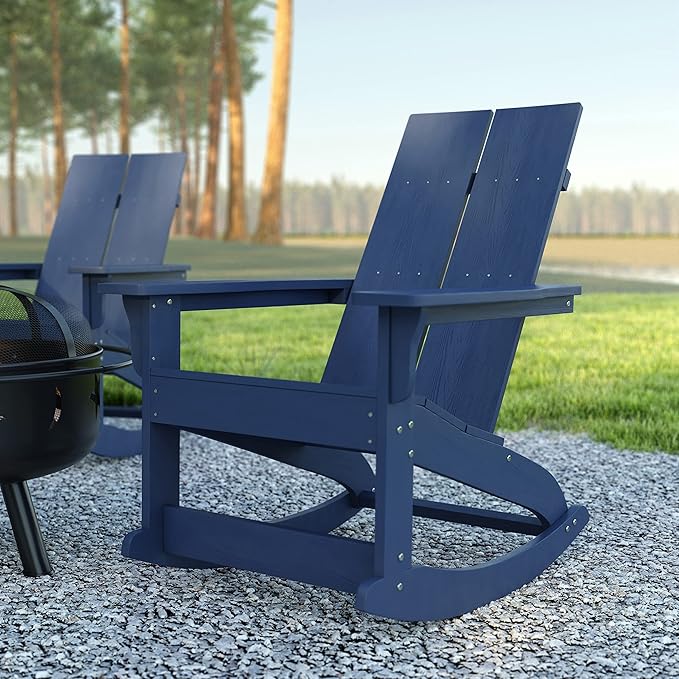 EMMA + OLIVER Harmon Adirondack Rocking Chair - Navy Poly Resin - Suitable for Indoor/Outdoor Use - All Weather Materials - Easy Assembly - 350 lb. Weight Capacity