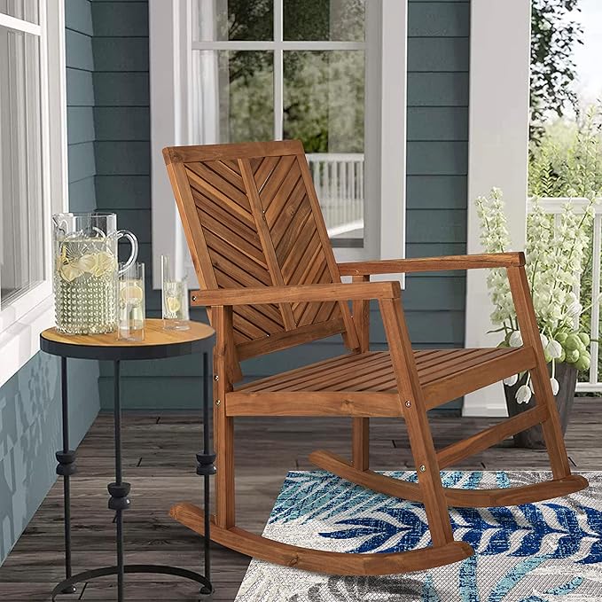 Eyely KCR100A Ted Modern Chevron-Back 300-Lbs Support Acacia Wood Patio Outdoor Rocking Chair for Garden, Lawn, Backyard, Pool, Deck, Beach, Firepit, Teak