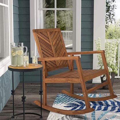 Eyely KCR100A Ted Modern Chevron-Back 300-Lbs Support Acacia Wood Patio Outdoor Rocking Chair for Garden, Lawn, Backyard, Pool, Deck, Beach, Firepit, Teak