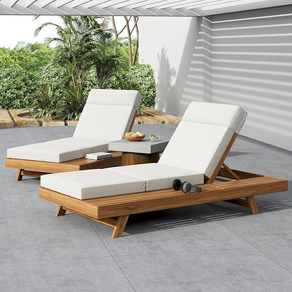 Merax Acacia Wood Chaise Lounge Chair Outdoor Set of 2, Patio Recliner with 4 Position Adjustable Backrest and 4" Thick Four-fold Cushion