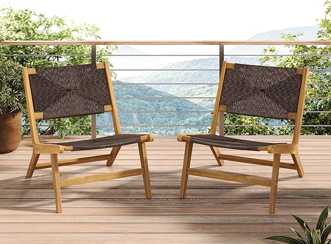 GDFStudio Acacia Wood Outdoor Lounge Chairs Set of 2, Weather-Resistant Natural PE Wicker - Photo 3