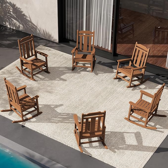 SERWALL HDPE Outdoor Rocking Chair for Adults, Outdoor Rocking Chairs Set of 6, Patio Rocking Chair Sets, Brown