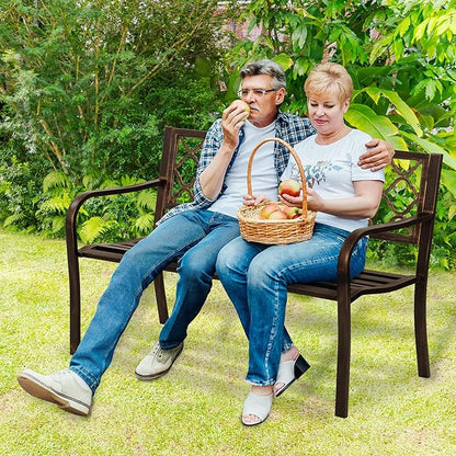 AJP Distributors 50" Outdoor Bench Garden Bench with Diamond Pattern Steel Metal Frame Park Bench Cast Iron Backrest Armrests for Patio Lawn Yard Deck Front Porch Backyard Driveway Balcony Furniture