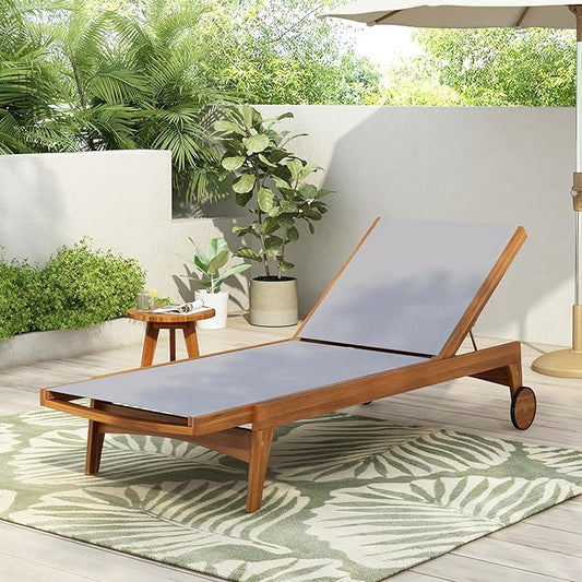 Christopher Knight Home Tristy Chaise Lounge Chair Outdoor, Acacia Wood Frame Sunbathing Pool Lounger, Adjustable Backrest Single Lounge Sofa, Patio Lounge Chaise for Poolside, Grey + Natural