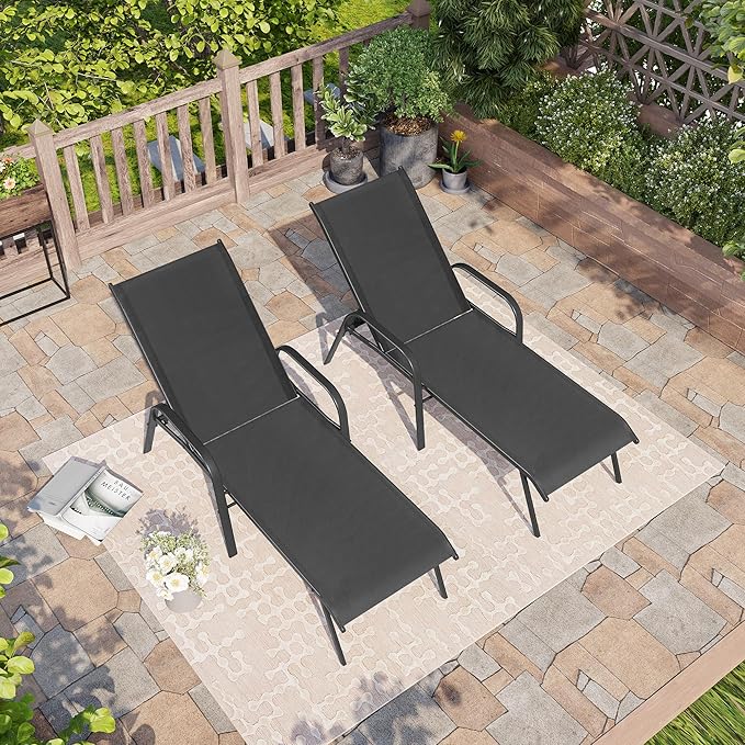 Crestlive Outdoor Chaise Lounge Chair,5-Position Pool Lounge Chairs with Armrests Sunbathing Recliner for Patio,Beach,Deck,Yard (2PC Black)