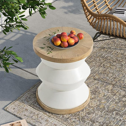 SUNBURY White Outdoor Side Table, 14" W Concrete Side Table Accent Table, Round Marble Drum Side Table, Garden Stool Plant Stand End Table for Patio, Deck, Poolside