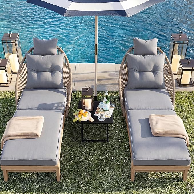 Patio Chaise Lounge Chair with Wheels, Outdoor Lounge Chairs with Thick Cushions, Patio Chaise Lounger Outdoor Handwoven Rope Armrests, Wicker Chairs for Outside, Poolside, Deck, Grey