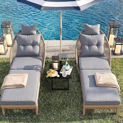 Patio Chaise Lounge Chair with Wheels, Outdoor Lounge Chairs with Thick Cushions, Patio Chaise Lounger Outdoor Handwoven Rope Armrests, Wicker Chairs for Outside, Poolside, Deck, Grey