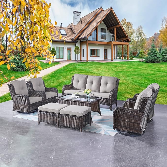 Rilyson Wicker Patio Furniture Set - 8 Piece Rattan Outdoor Sectional Conversation Sets with 4 Swivel Rocking Chairs - Photo 1