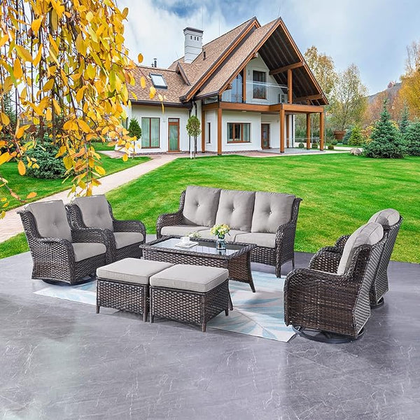 Rilyson Wicker Patio Furniture Set - 8 Piece Rattan Outdoor Sectional Conversation Sets with 4 Swivel Rocking Chairs - Photo 1