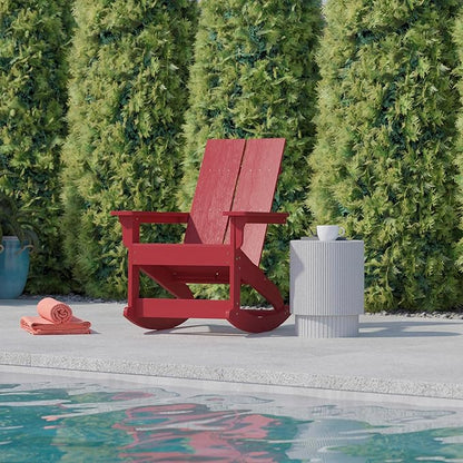 Flash Furniture Finn Modern Commercial Grade Poly Resin Wood Adirondack Rocking Chair - All Weather Red Polystyrene - Dual Slat Back - Stainless Steel Hardware