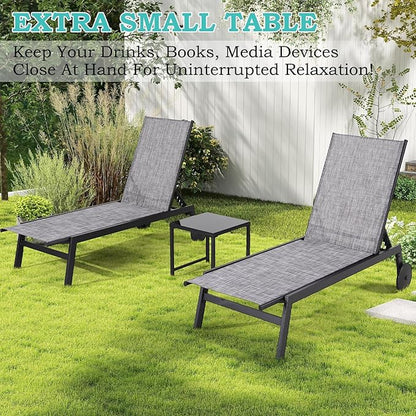 EROMMY Patio Chaise Lounge Chair Set of 2 with Table, Waterproof Outdoor Poolside Recliners with Adjustable Backrest & Wheels