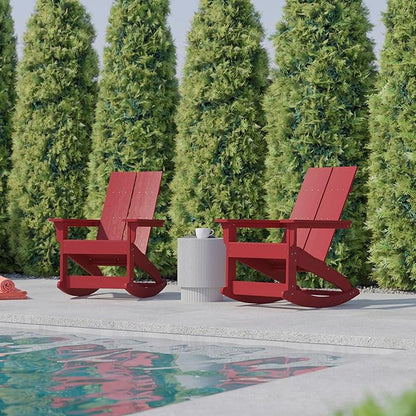 Flash Furniture Finn Modern Commercial Poly Resin Wood Adirondack Rocking Chair - All Weather Red Polystyrene - Dual Slat Back - Stainless Steel Hardware - Set of 2