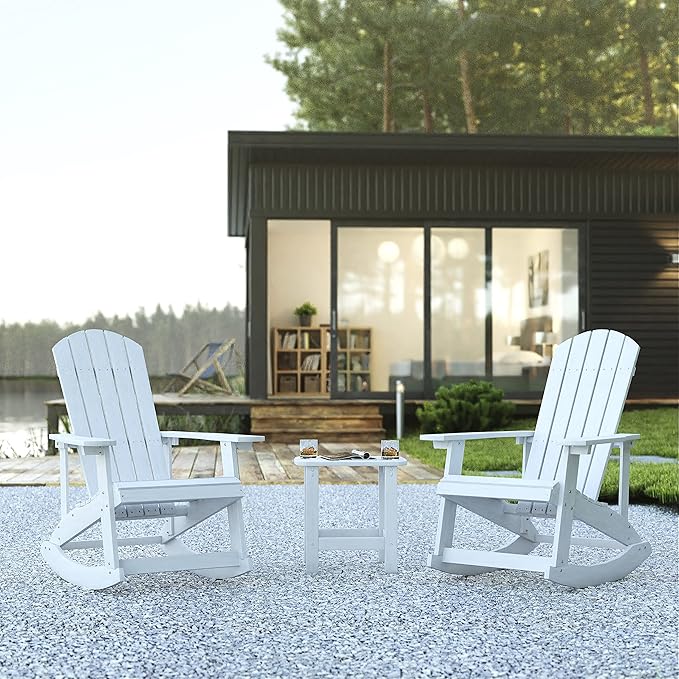 Flash Furniture Set of 2 Savannah Adirondack Rocking Chairs - Commercial Grade All-Weather White Poly Resin Wood - Matching Side Table
