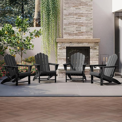 Costaelm Lakeview Outdoor Patio HDPE Adirondack Chairs with Cup Holders (Set of 4), Black