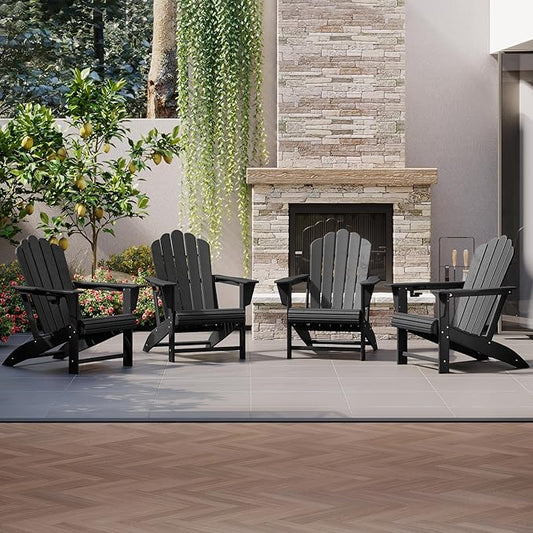 Costaelm Lakeview Outdoor Patio HDPE Adirondack Chairs with Cup Holders (Set of 4), Black