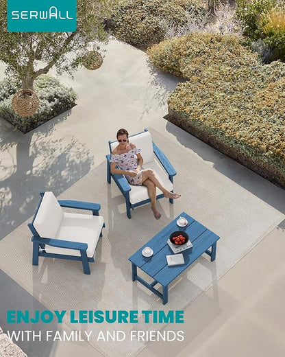 SERWALL HDPE Outdoor Couch Set of 2, Blue Frame and Khaki Cushion