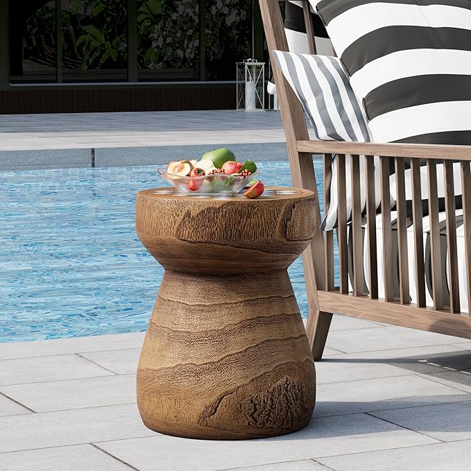 HOMPUS Outdoor Side Table with White Checkerboard Grain Tabletop Mushroom Shaped MgO Lightweight End Tables Modern Vintage Patio Accent Table for Indoor Outdoor Use, Brown & White