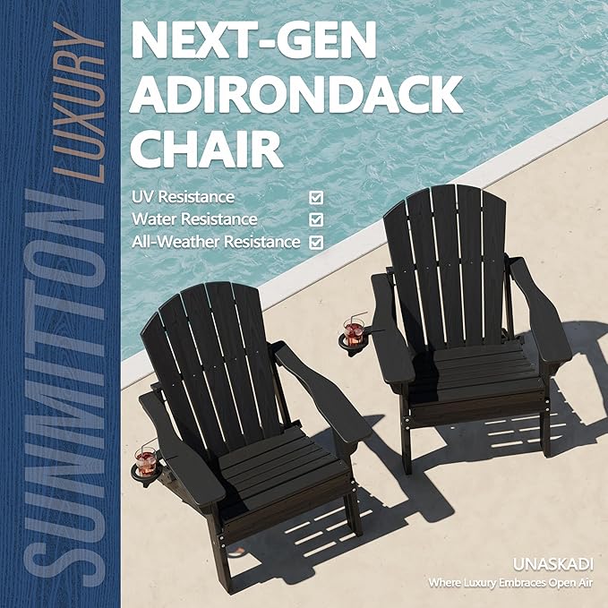 Folding Adirondack Chair Set of 2 with Cup Holders & Ottomans, HDPE All Weather Resistant Plastic Outdoor Patio Chairs - Photo 4