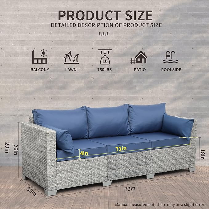 WAROOM Outdoor Couch 3 Seater Wicker Patio Sofa Grey Rattan Balcony Furniture Deep Seat Porch Seating, Navy Blue Cushion - Photo 2