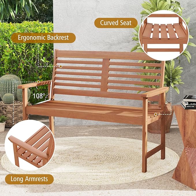 Tangkula Wood Outdoor Bench, 2-Person Patio Bench with Ergonomic Backrest & Armrests, Slatted Seat, Teak Oil Finish, for Front Porch, Backyard, Park, Loads up to 660 LBS