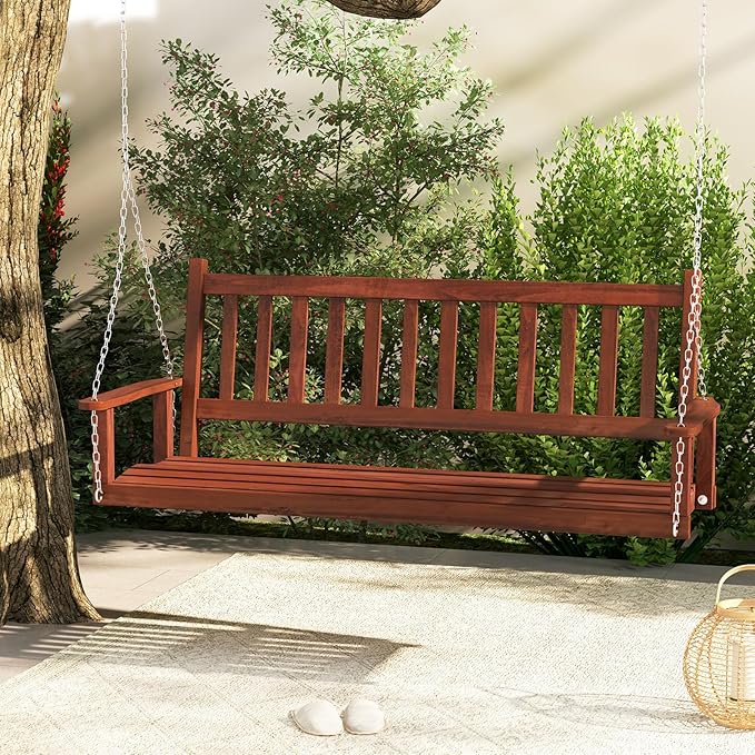Tangkula 3 Person Wooden Porch Swing, Hanging Patio Swing with 2 Adjustable Galvanized Metal Chains, Slatted Back & Seat - Photo 8