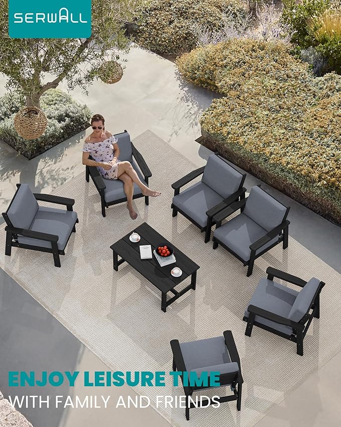 SERWALL HDPE Outdoor Furniture Set, 7 Piece All Weather Wood-Like Outdoor Sofa Sectional Couch - Photo 9