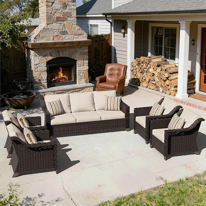 5 Pieces Patio Conversation Furniture Set - 1 Sofa, 4 Armchairs, Outdoor Wicker Furniture with Removable Cushions for Porch, Balcony, Sunroom (Beige)