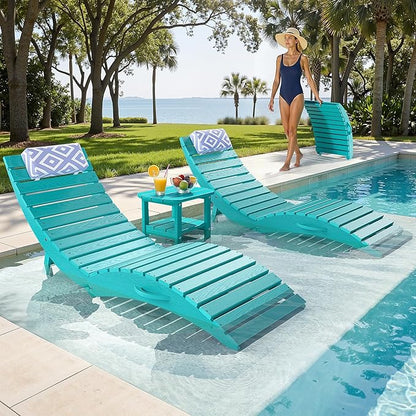 nalone Folding Pool Lounge Chairs Set of 2, HDPE Outdoor Pool Chaise Lounge with Pillow, Pre-Assembled Tanning Chairs with Wheels for Pool Beach Patio (2, Aruba)
