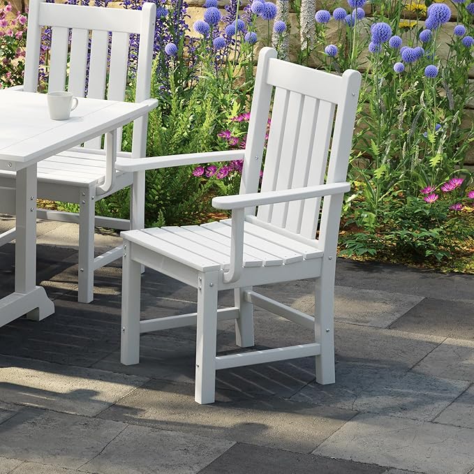Costaelm Patio Dining Chairs, Plastic Outdoor Adirondack Chair with Arm, HDPE Poly Lumber, Waterproof Restaurant Bistro Dining Chair for Outside Porch Backyard Garden, White