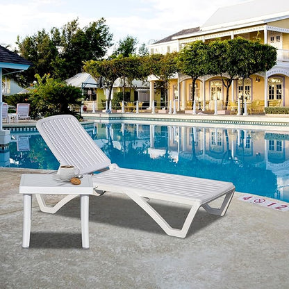 Domi Outdoor Chaise Lounge, Pool Lounge Chair Plastic Adjustable Recliner in-Pool Lounger Tanning Lounge Chair with Table for in-Pool, Beach, Poolside, Lawn, White