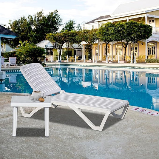 Domi Outdoor Chaise Lounge, Pool Lounge Chair Plastic Adjustable Recliner in-Pool Lounger Tanning Lounge Chair with Table for in-Pool, Beach, Poolside, Lawn, White
