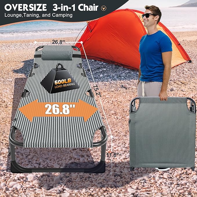 MOPHOTO Folding Chaise Lounge Chair 5-Position, Folding Cot, Heavy Duty Patio Chaise Lounges for Outside, Poolside - Photo 6