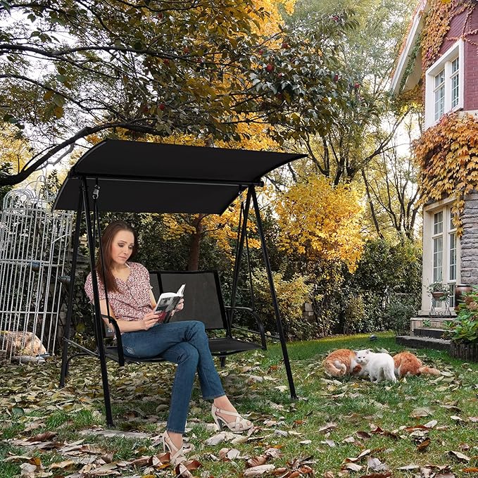 Tangkula 2 Person Porch Swing, Patio Swing with Adjustable Canopy, Comfortable Fabric Seat & Heavy-Duty Steel Frame - Photo 9