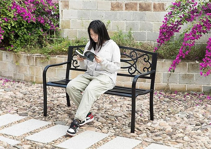 Gardenised QI003772 Steel Outdoor Patio Garden Park Seating Bench with Cast Iron Scrollwork Backrest, Front Porch Yard Bench Lawn Decor
