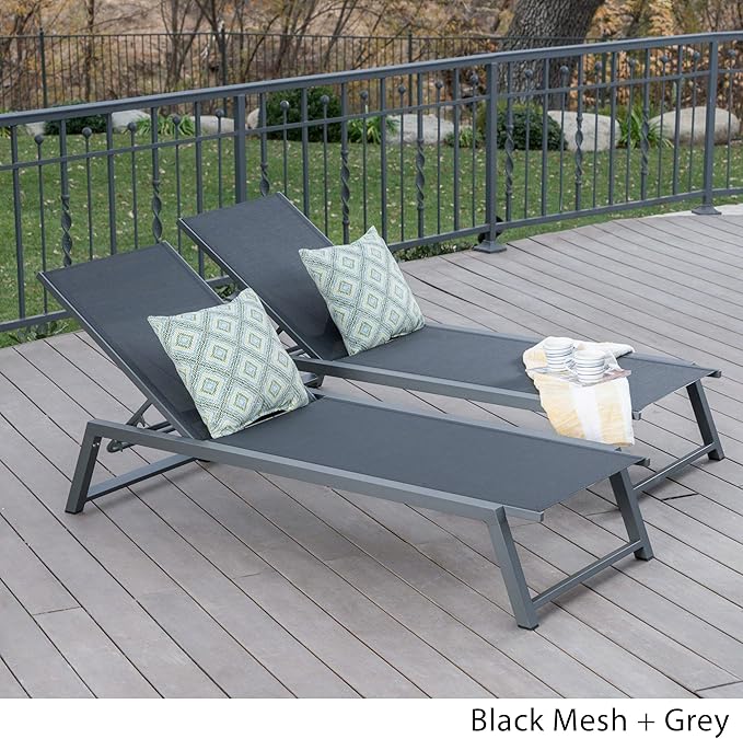 Christopher Knight Home Myers Outdoor Mesh Chaise Lounges with Aluminum Frame, 2-Pcs Set, Black Mesh / Grey