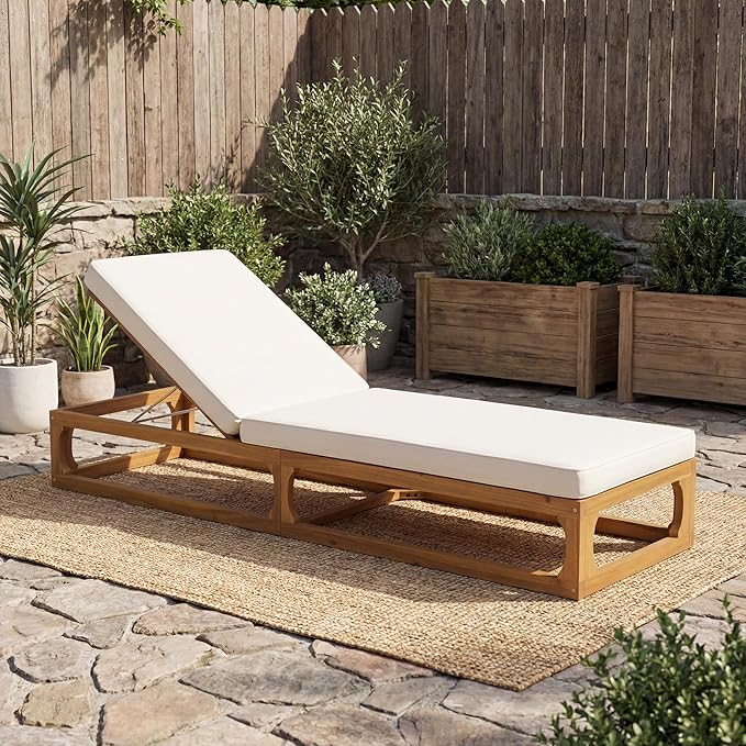 Christopher Knight Home Vauz Modern Patio Chaise Lounge Chair Outdoor, Acacia Wood Poolside Sun Lounger with Cushion, Open Frame Pool Lounger with Adjustable Backrest, Natural+Beige