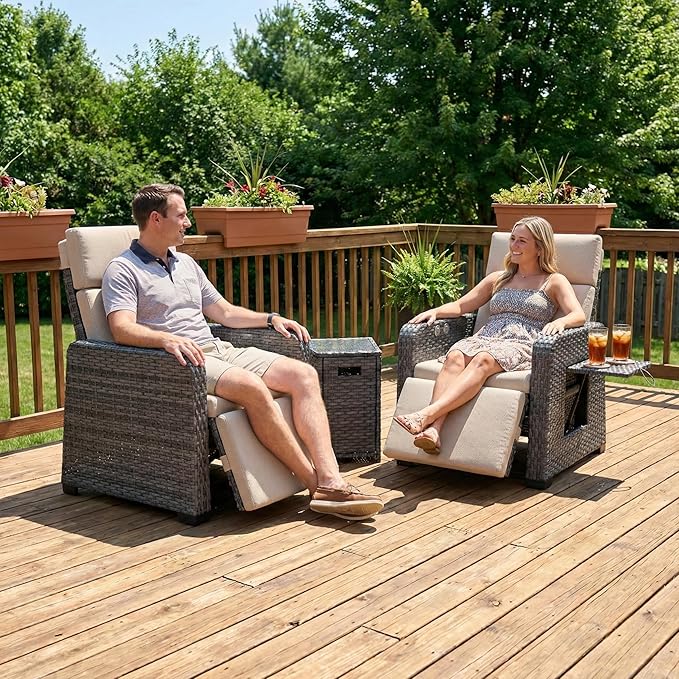 Restland Outdoor Recliner with Independent Adjustable Back & Footrest Wicker Patio Reclining Chair with Flip Table - Photo 4