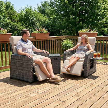 Restland Outdoor Recliner with Independent Adjustable Back & Footrest Wicker Patio Reclining Chair with Flip Table Comfortable Lounge Chair & Thick Cushion for Deck, Porch (Beige)