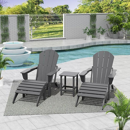 WestinTrends Malibu Outdoor Lounge Chairs Set, 5-Pieces Adirondack Chair Set of 2 with Ottoman and Side Table, All Weather Poly Lumber Patio Lawn Folding Chair for Outside, Gray