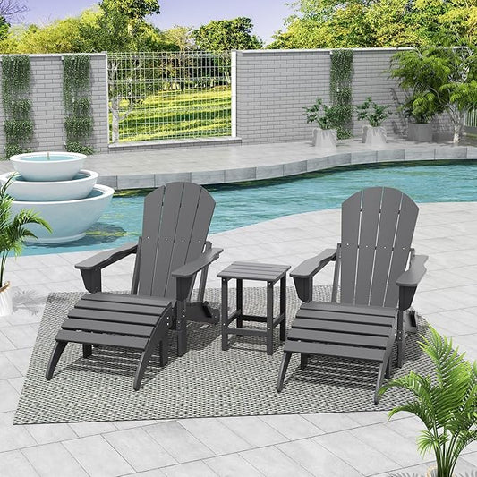 WestinTrends Malibu Outdoor Lounge Chairs Set, 5-Pieces Adirondack Chair Set of 2 with Ottoman and Side Table, All Weather Poly Lumber Patio Lawn Folding Chair for Outside, Gray