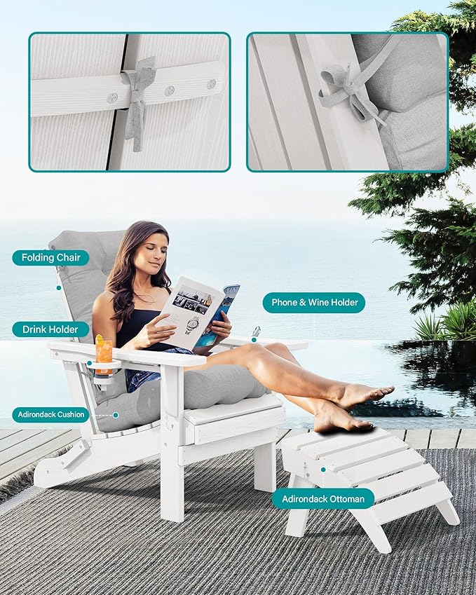 SERWALL Folding Adirondack Chair Set of 4 with Memory Foam Cushions - White/Sp Gray