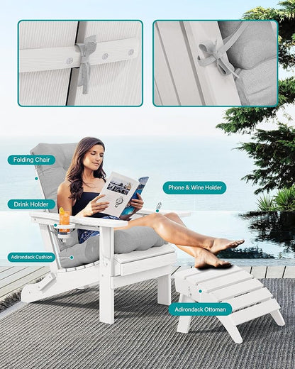SERWALL Folding Adirondack Chair Set of 4 with Memory Foam Cushions - White/Sp Gray