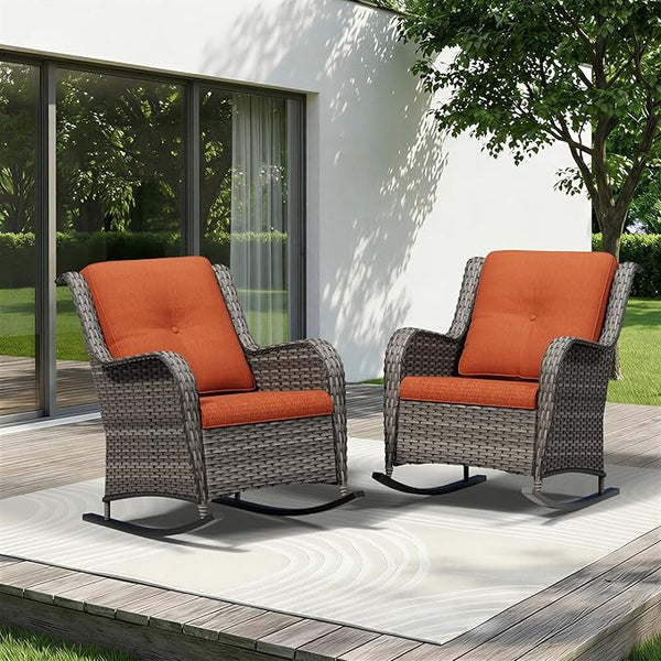 Patio Rocking Chairs Set of 2, Outdoor Wicker Patio Furniture Set 2 Pieces with Thickened Olefin Cushions - Photo 1