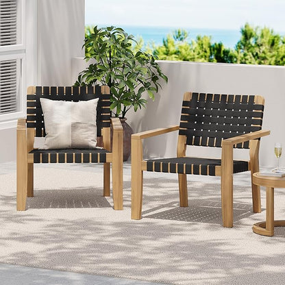 Christopher Knight Home Set of 2 Lena Patio Furniture Acacia Wood Armchair, Woven Rope Outdoor Club Chair, Deep Seating Porch Chairs for Garden, Backyard/Balcony, Light Teak Finish & Black