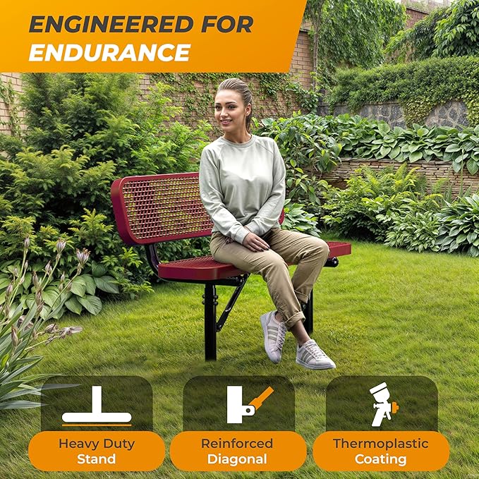 Heavy-Duty Outdoor Metal Bench, Thermoplastic-Coated, Inground, Weatherproof, Commercial-Grade for Parks, Gardens, Patios, Stores & More (4 Ft - Inground with Back, Red)