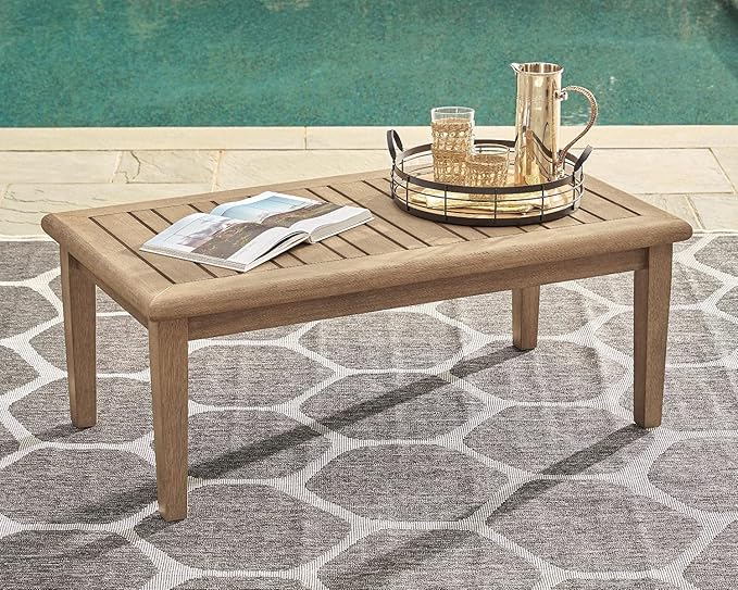 Signature Design by Ashley Gerianne Outdoor Coffee Table, Eucalyptus Wood With 5‑Step Protective Finish & Slatted Top for Rain Shedding, Durable for Outside Patio Use, Brown
